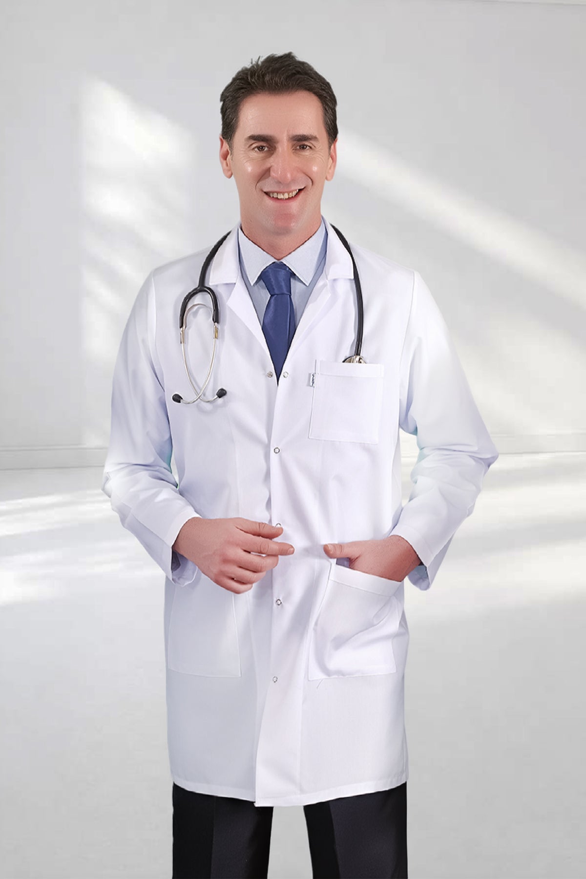 Beyaz Klasik Yaka Erkek Doktor Vizit Önlüğü Alpaka Kumaş
