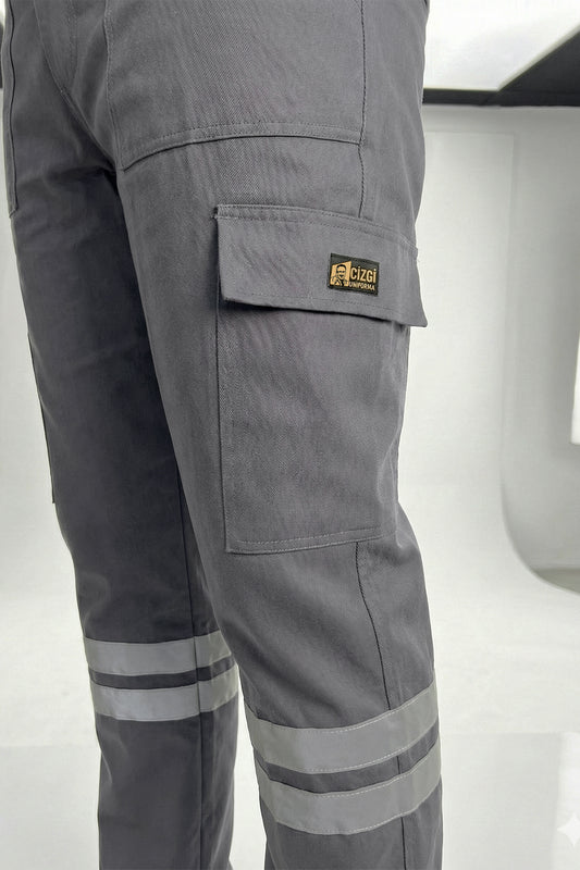 Gri 16/12 Gabardin Kumaş İş Pantolonu-3cm Çift Sıra Reflektörlü
