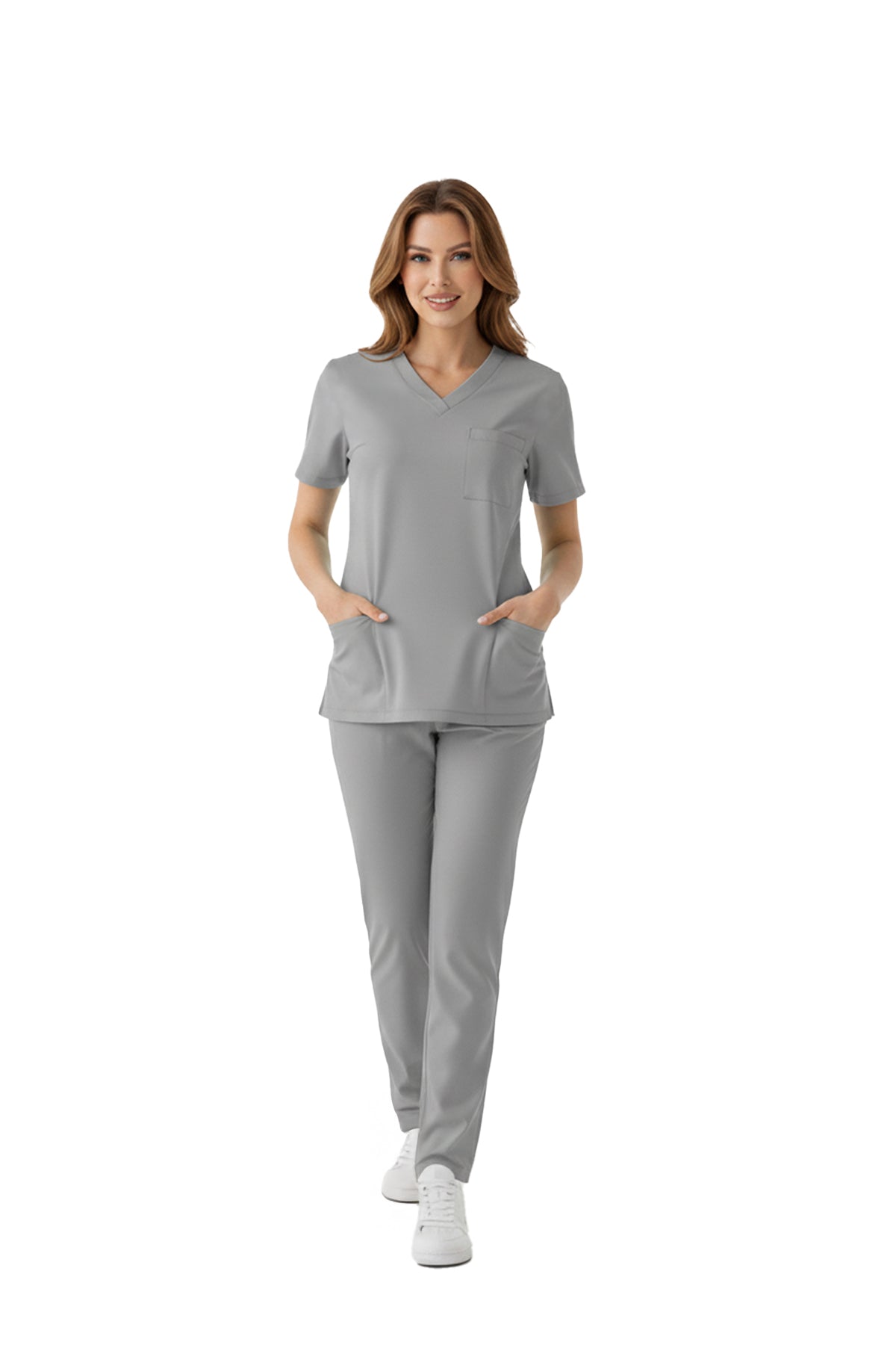 Neutral Gray Dr. Greys Doktor Hemşire Medikal Scrubs Takım Lüks Likralı Kumaş