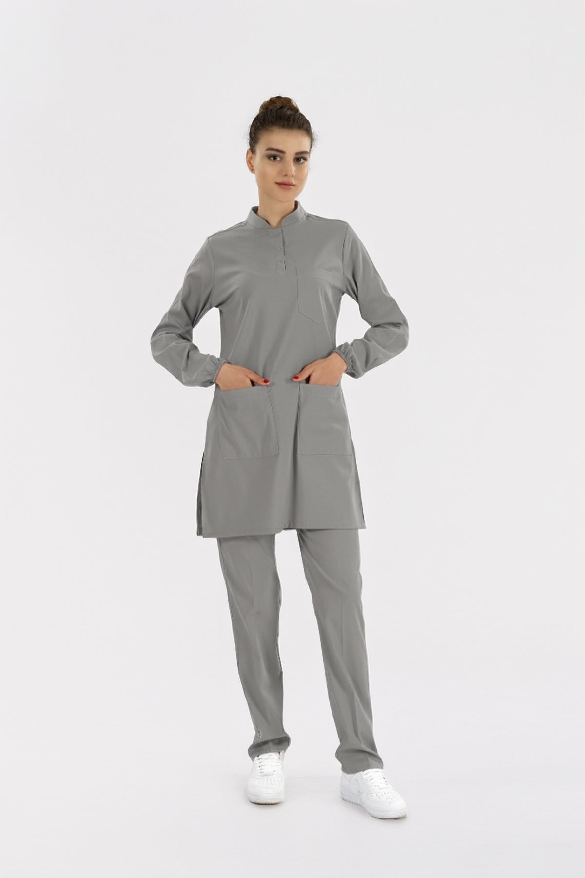 Neutral Gray Tesettür Hakim Yaka Doktor Hemşire Medikal Scrubs Takım Lüks Likralı Kumaş