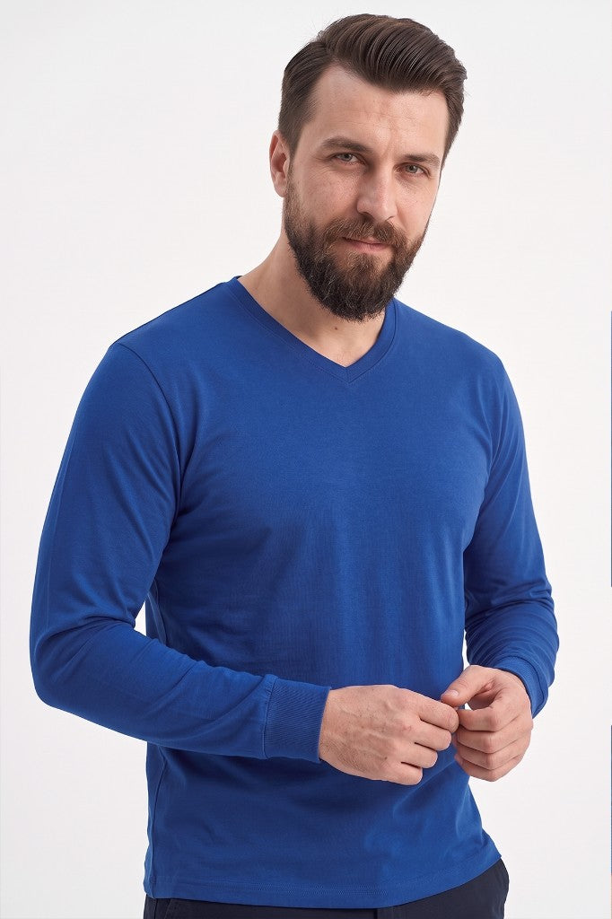 Saks Mavisi %100 Pamuk Penye V Yaka Sweatshirt Uzun Kol