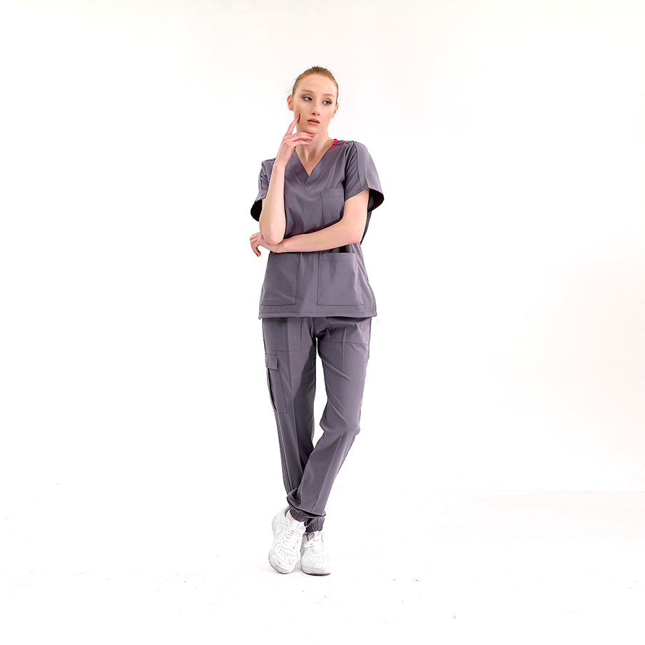 Kurşuni Gri Jogger Doktor Hemşire Medikal Scrubs Takım Lüks Likralı Kumaş