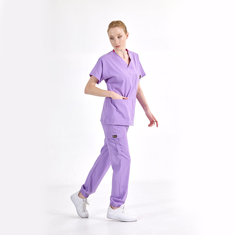 Lila Jogger Doktor Hemşire Medikal Scrubs Takım Lüks Likralı Kumaş