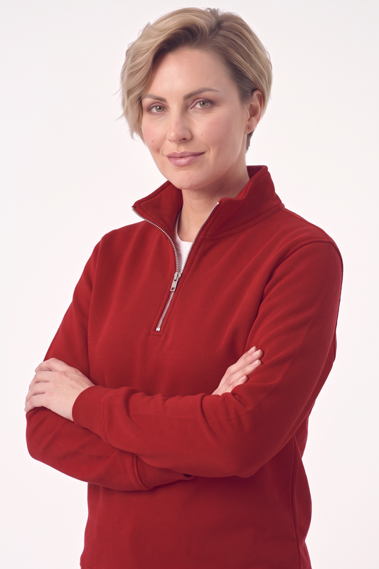 Kırmızı Dik Yaka Yarım Fermuarlı İş Sweatshirt 3 İplik