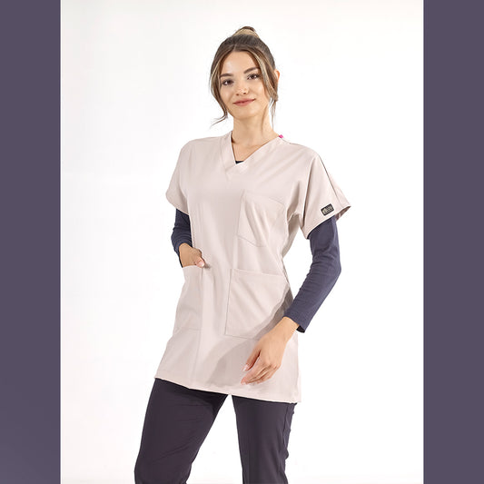 Krem Greys Tunik Boy Tesettür Doktor Hemşire Medikal Forma Tek Üst Lüks Likralı Kumaş