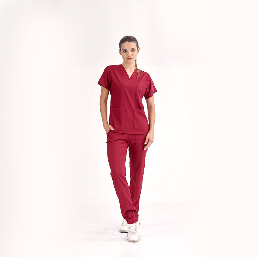 Bordo Dr. Greys Doktor Hemşire Medikal Scrubs Takım Lüks Likralı Kumaş