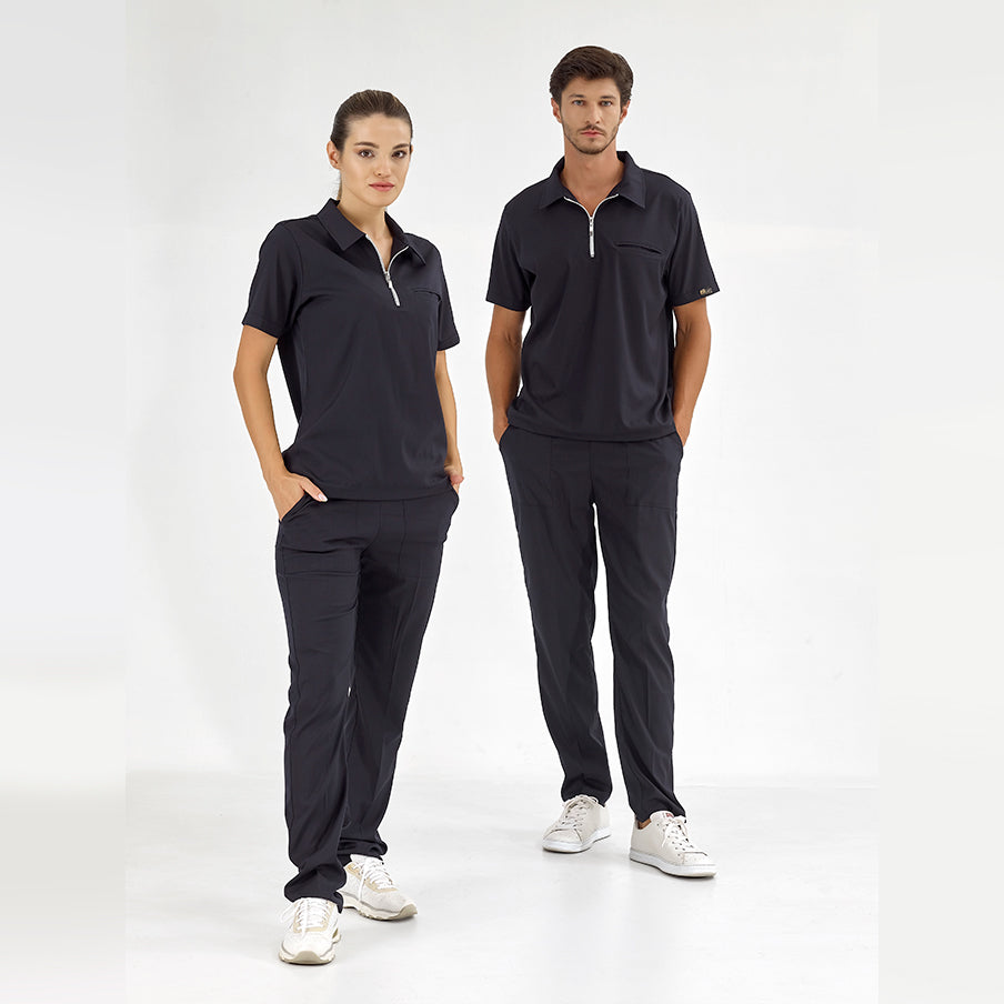 Lacivert Polo Yaka Doktor Hemşire Medikal Scrubs Takım Lüks Likralı Kumaş