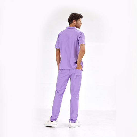Lila Polo Yaka Doktor Hemşire Medikal Scrubs Takım Lüks Likralı Kumaş