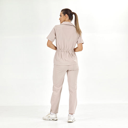 Krem Retro Kadın Doktor Hemşire Medikal Scrubs Takım Lüks Likralı Kumaş