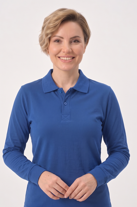 Saks Mavisi Polo Yaka Uzun Kol İş Sweatshirtü Penye Lacoste Kumaş