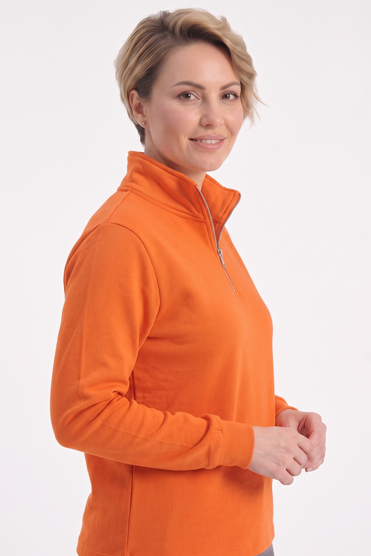 Turuncu Dik Yaka Yarım Fermuarlı İş Sweatshirt 3 İplik