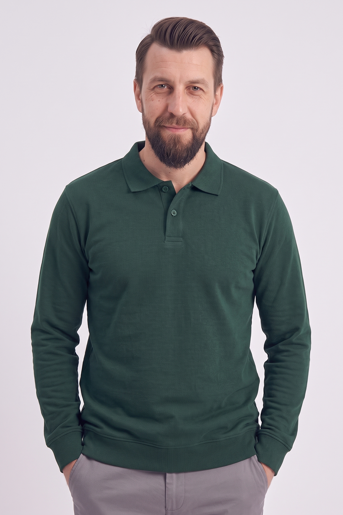 Avcı Yeşili Polo Yaka İş Sweatshirt 2 İplik