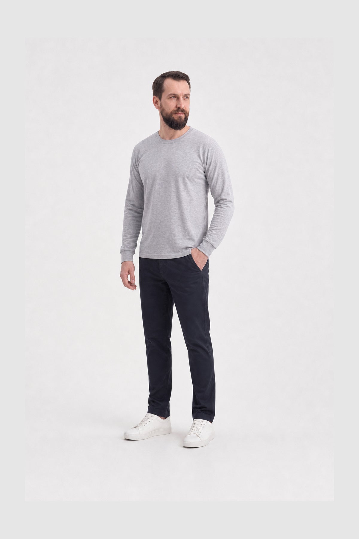 Gri Melanj %100 Pamuk Penye Yuvarlak Yaka Sweatshirt Uzun Kol