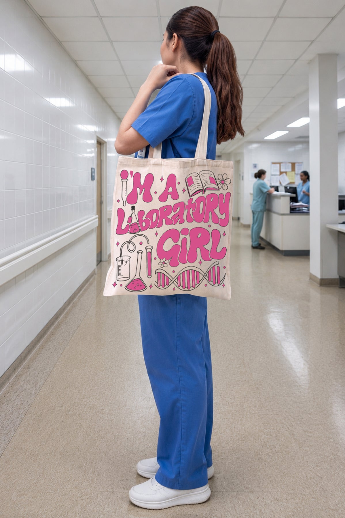 Laboratory Girl Baskılı Bez Çanta Orta Boy - Krem