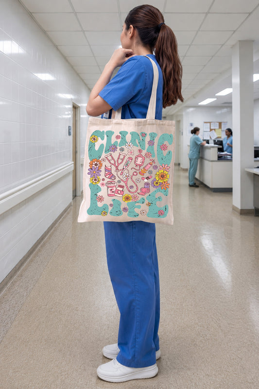 Clinic Life Baskılı Bez Çanta Orta Boy - Krem