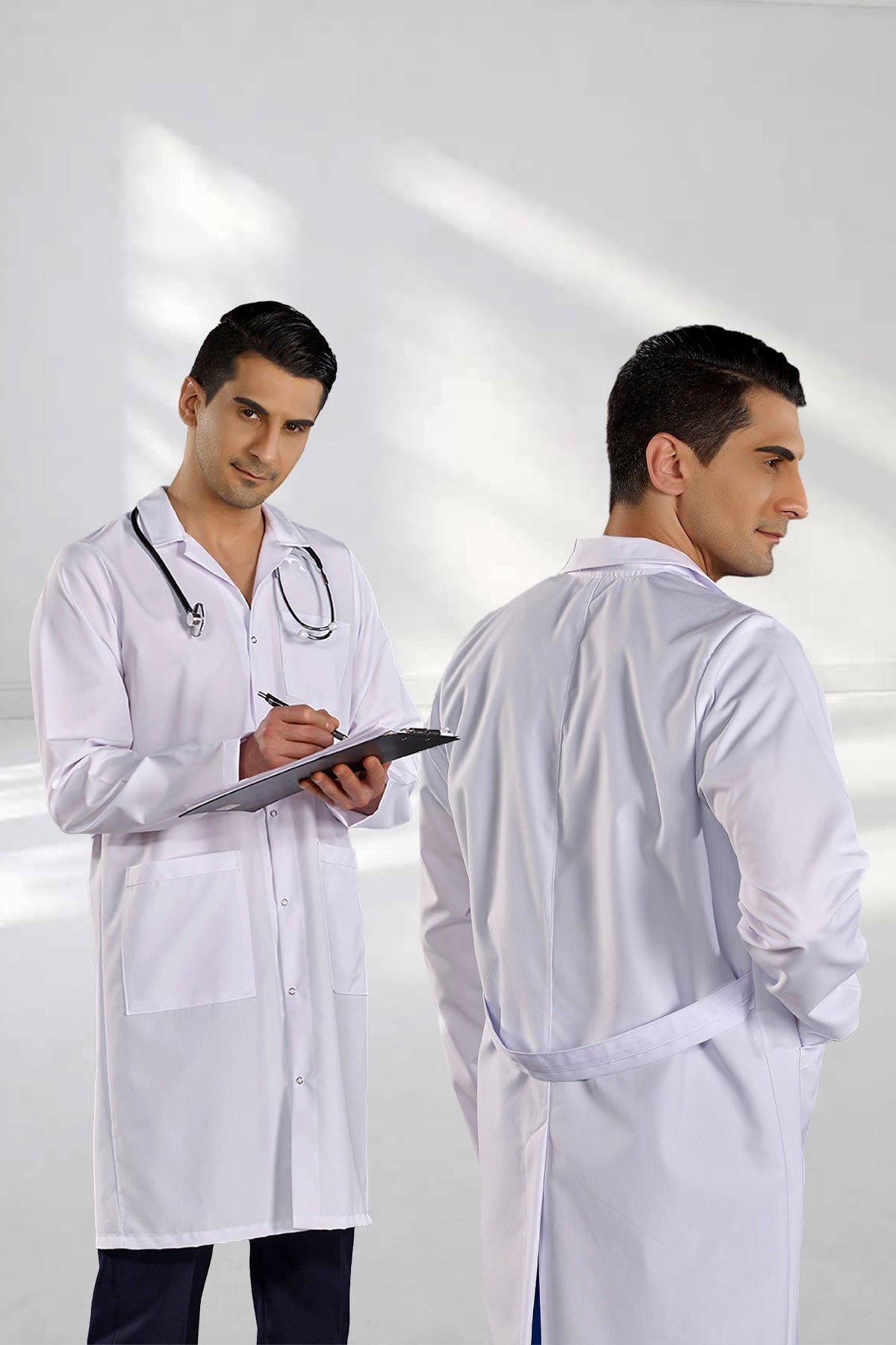 Beyaz Klasik Yaka Erkek Doktor Vizit Önlüğü Alpaka Kumaş