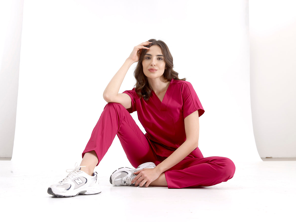 Vişne Dr. Greys Doktor Hemşire Medikal Scrubs Takım Lüks Likralı Kumaş