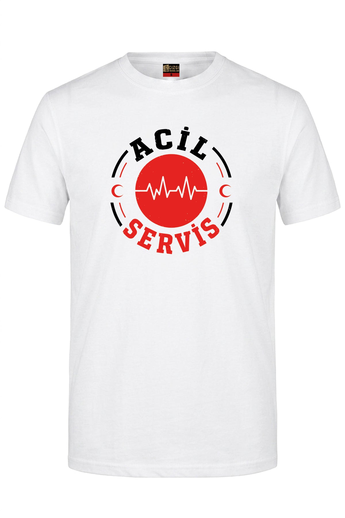Acil Servis Sağlık Baskılı Kısa Kol Beyaz Tişört (%100 Pamuk Penye Kumaş)