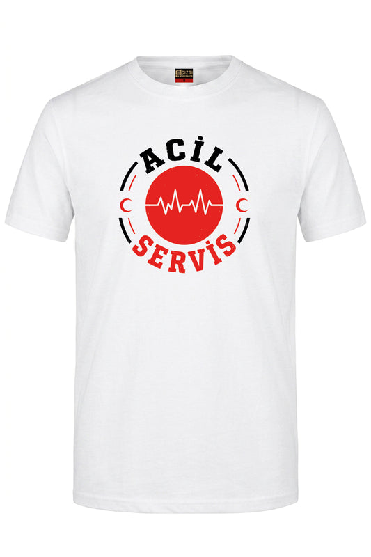 Acil Servis Sağlık Baskılı Kısa Kol Beyaz Tişört (%100 Pamuk Penye Kumaş)