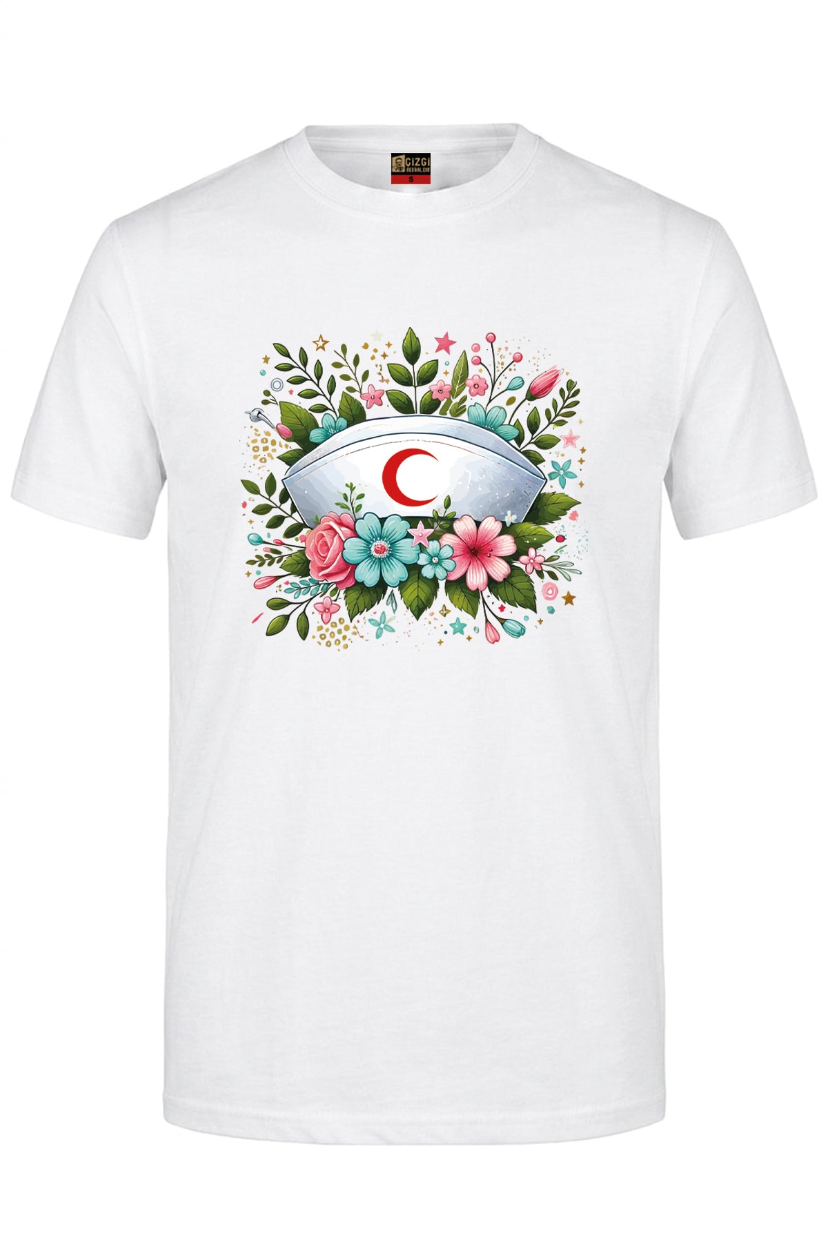 Botanik Hemşire Kep Baskılı Kısa Kol Beyaz Tişört (%100 Pamuk Penye Kumaş)