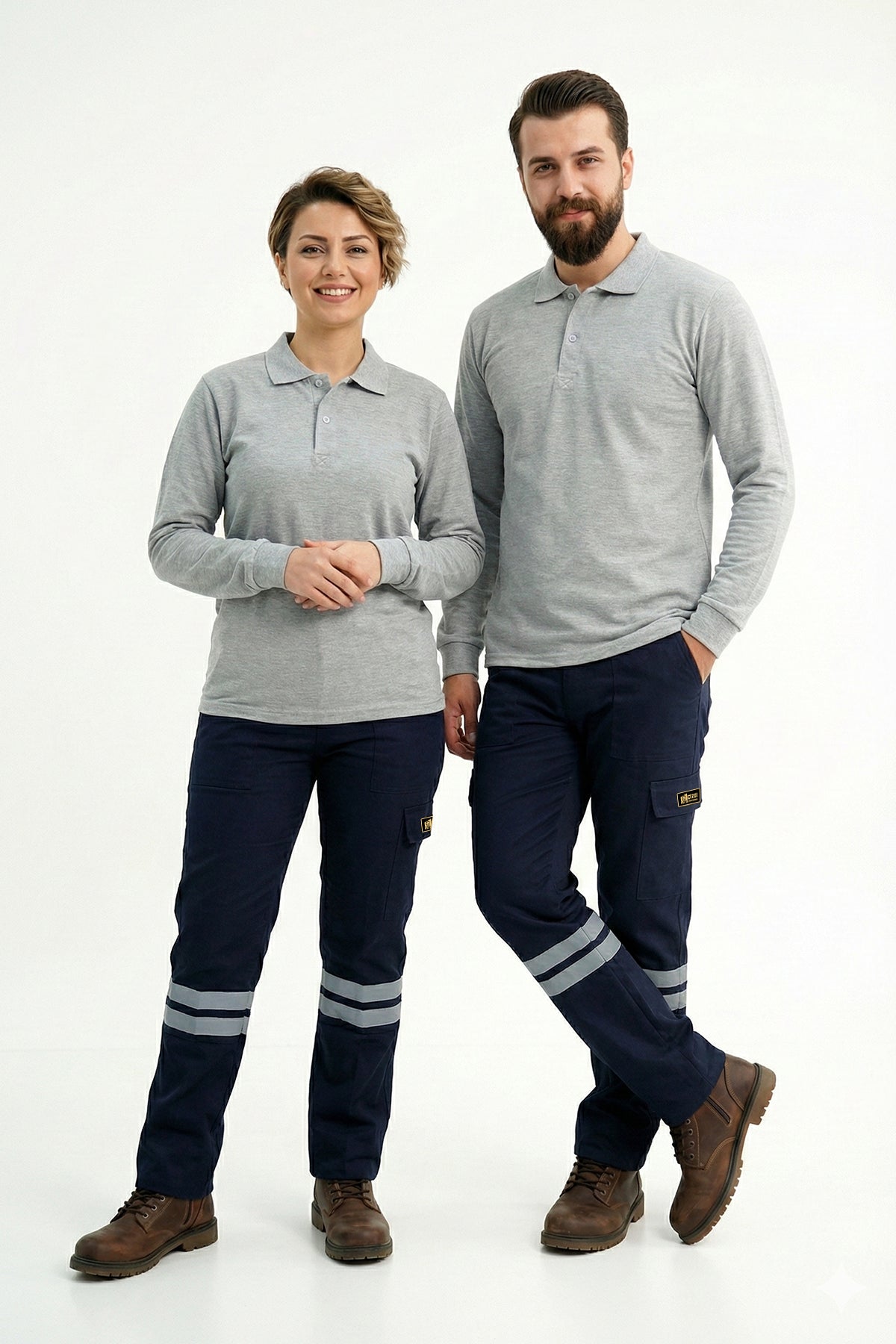 Gri Melanj Polo Yaka Uzun Kol İş Sweatshirtü Penye Lacoste Kumaş