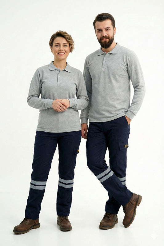 Gri Melanj Polo Yaka Uzun Kol İş Sweatshirtü Penye Lacoste Kumaş
