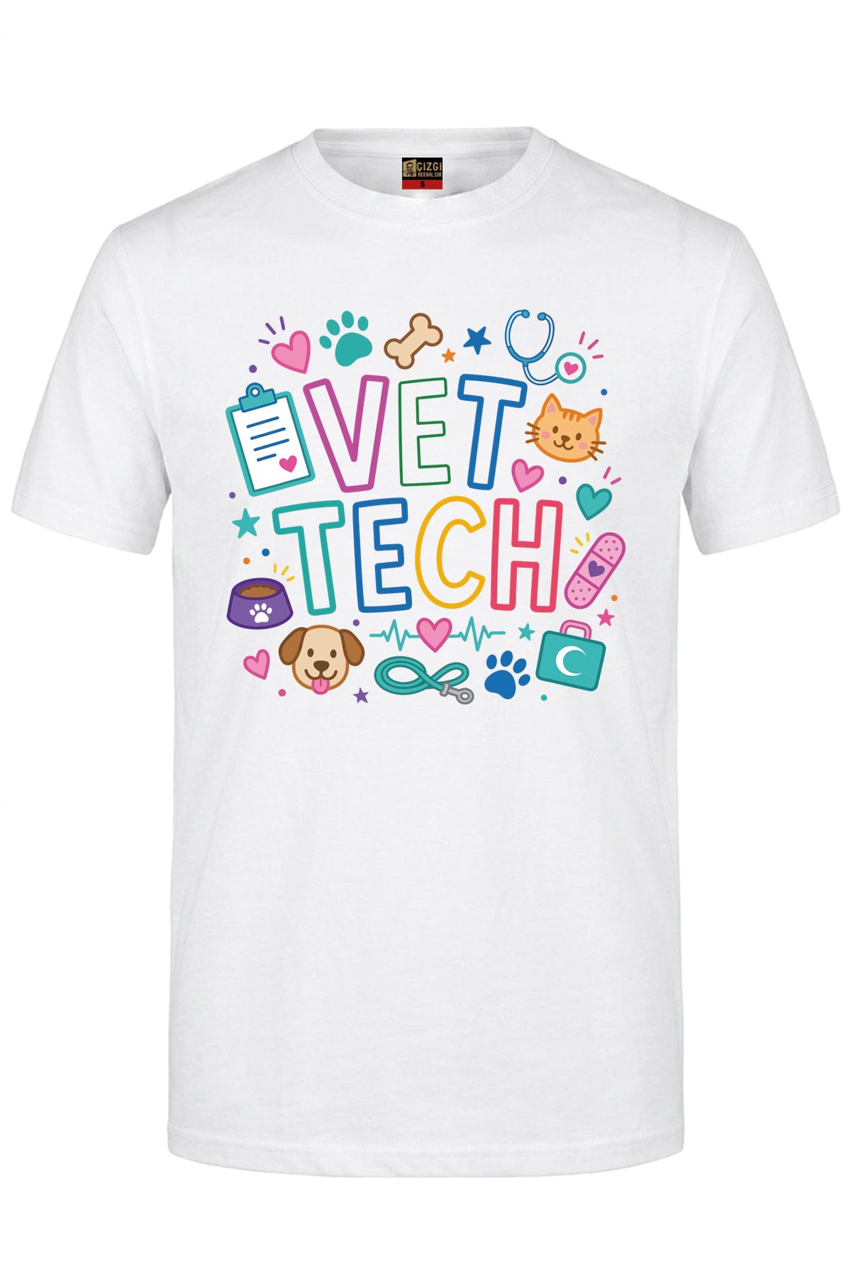 Vet Tech Baskılı Kısa Kol Beyaz Tişört (%100 Pamuk Penye Kumaş)