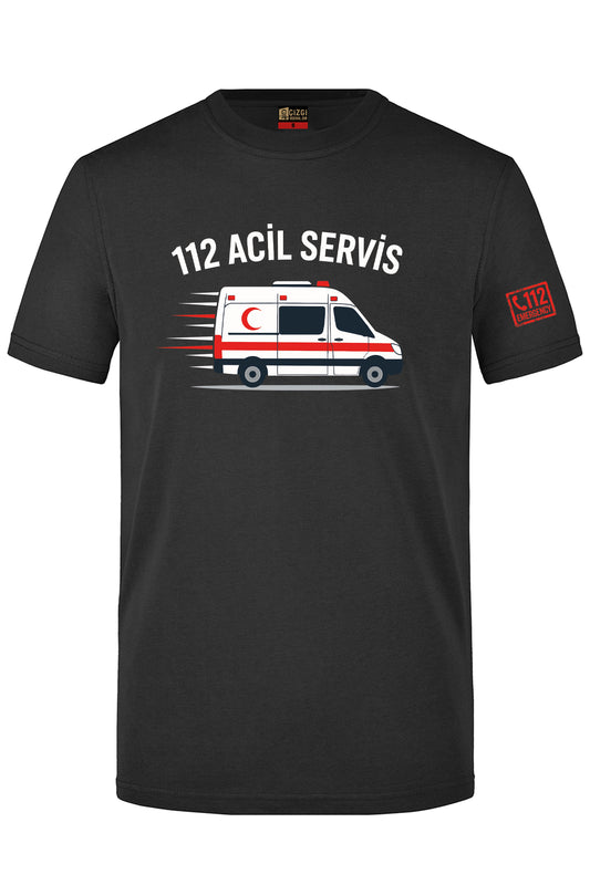 112 Acil Servis Baskılı Kısa Kol Siyah Tişört (%100 Pamuk Penye Kumaş)