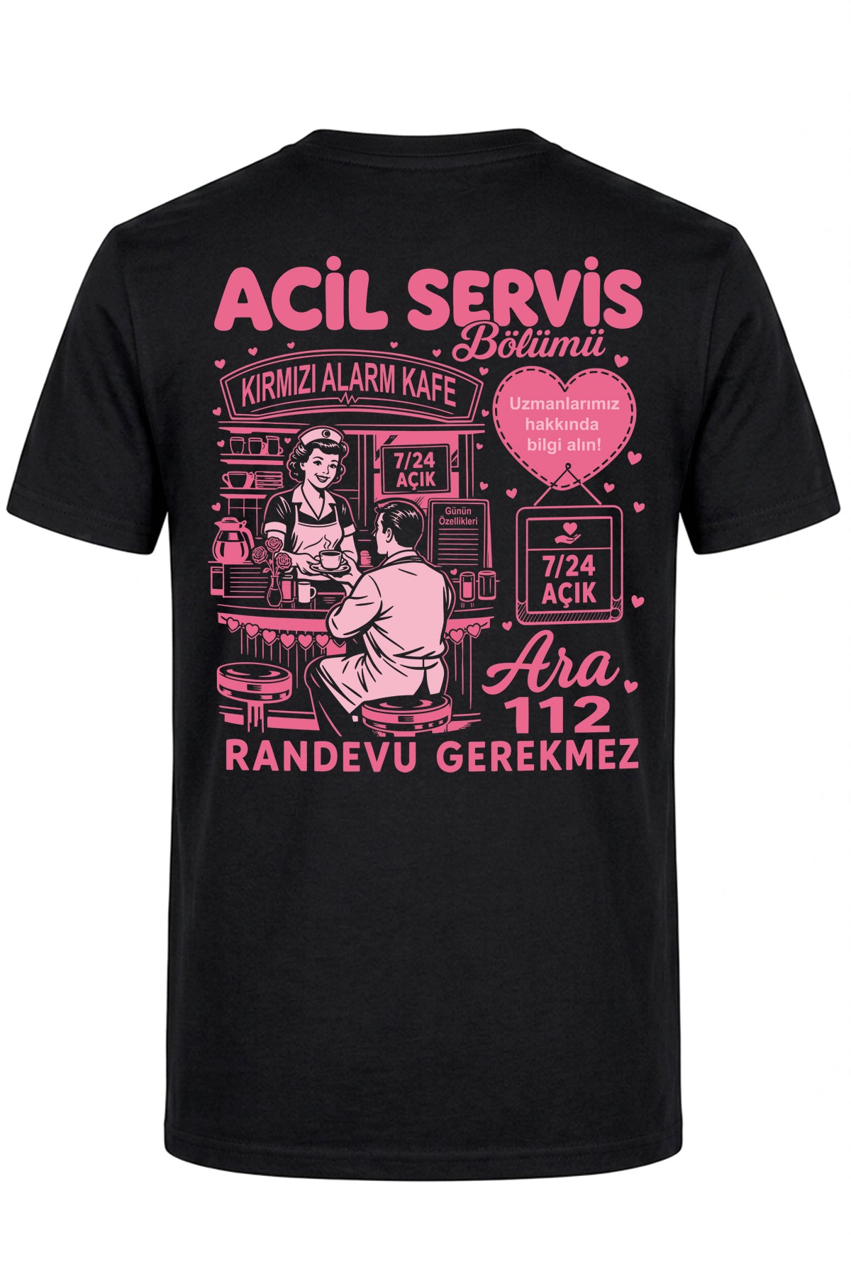 Acil Servis Kafe Baskılı Kısa Kol Siyah Tişört (%100 Pamuk Penye Kumaş)