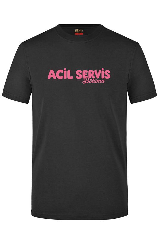 Acil Servis Kafe Baskılı Kısa Kol Siyah Tişört (%100 Pamuk Penye Kumaş)