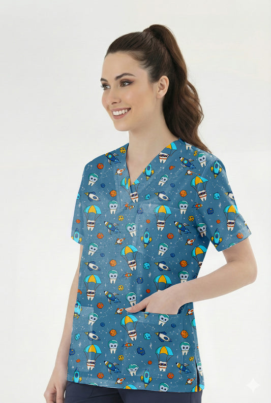 Astronot Dişler Desenli Tek Üst (Cotton Likra Kumaş)