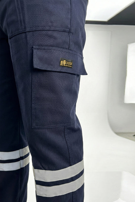 Lacivert 3 Cm Çift Sıra Reflektörlü Likralı Gabardin Kumaş İş Pantolonu