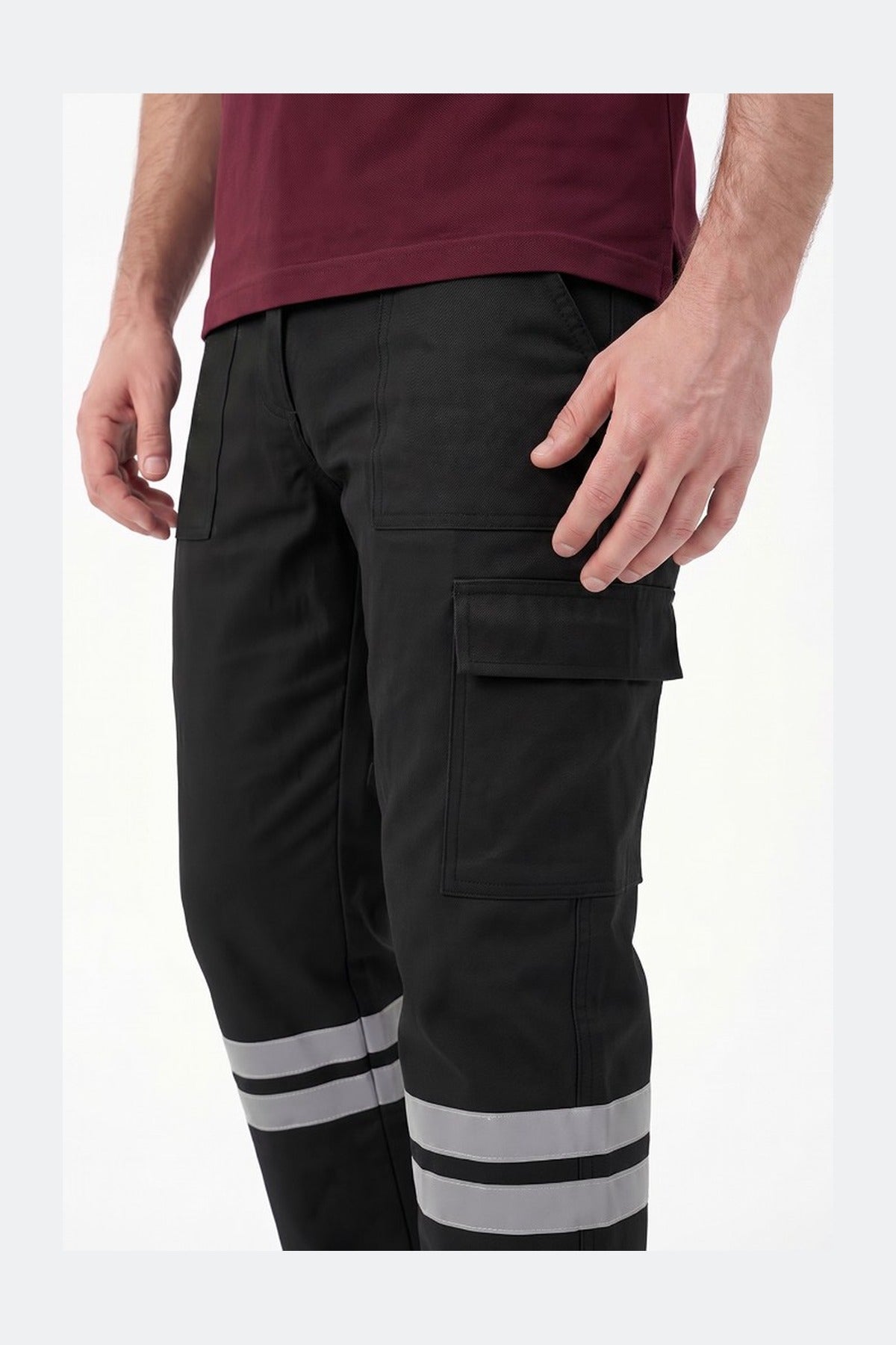 Siyah 7/7 Gabardin Kumaş İş Pantolonu (Kışlık Kalın Kumaş)-3 cm Çift Sıra Reflektörlü