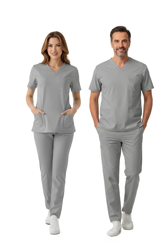 Neutral Gray Dr. Greys Doktor Hemşire Medikal Scrubs Takım Lüks Likralı Kumaş