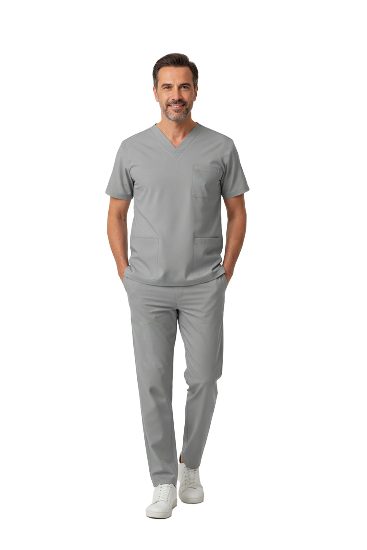 Neutral Gray Dr. Greys Doktor Hemşire Medikal Scrubs Takım Lüks Likralı Kumaş