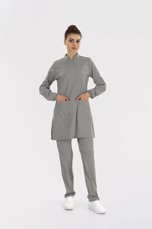 Neutral Gray Tesettür Hakim Yaka Doktor Hemşire Medikal Scrubs Takım Lüks Likralı Kumaş
