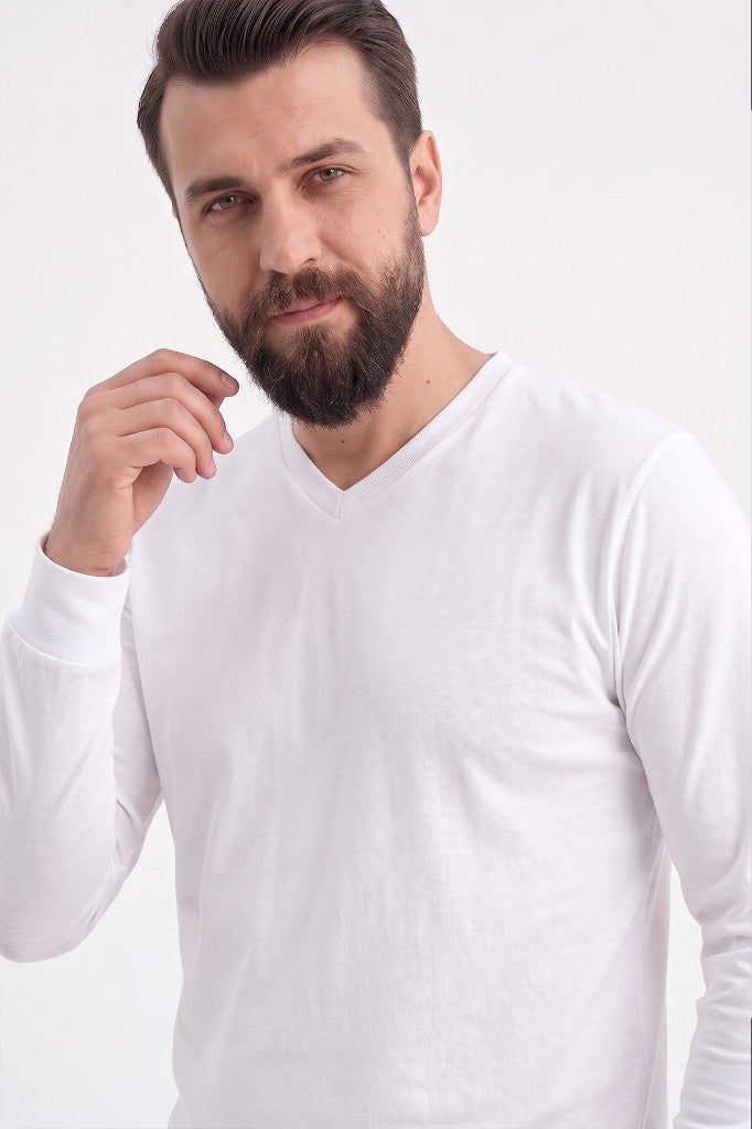 Beyaz %100 Pamuk Penye V Yaka Sweatshirt Uzun Kol
