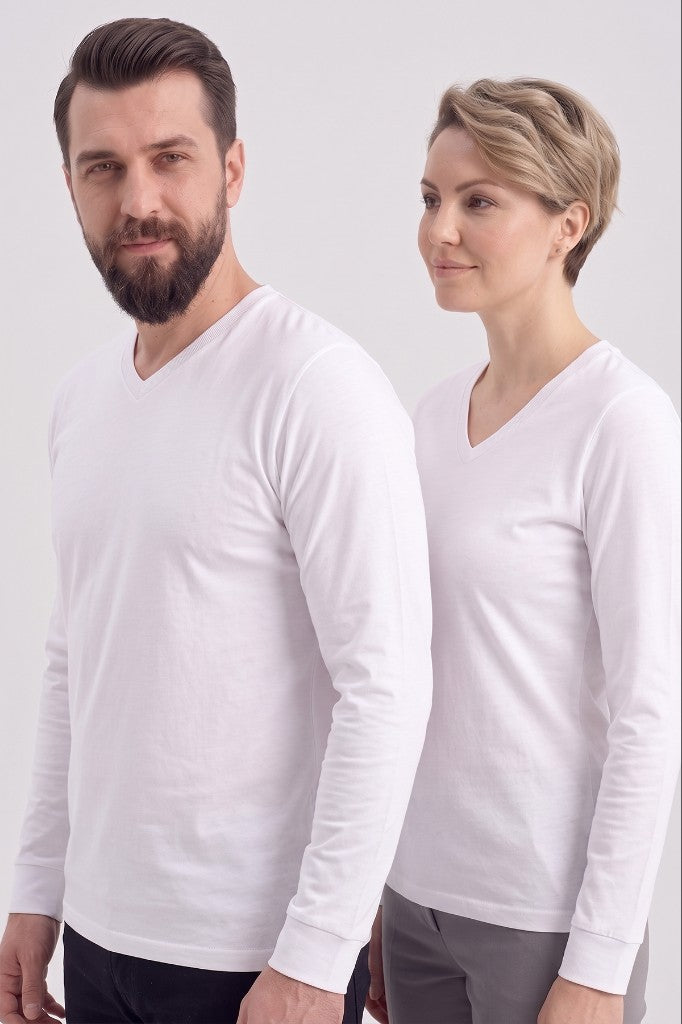 Beyaz %100 Pamuk Penye V Yaka Sweatshirt Uzun Kol