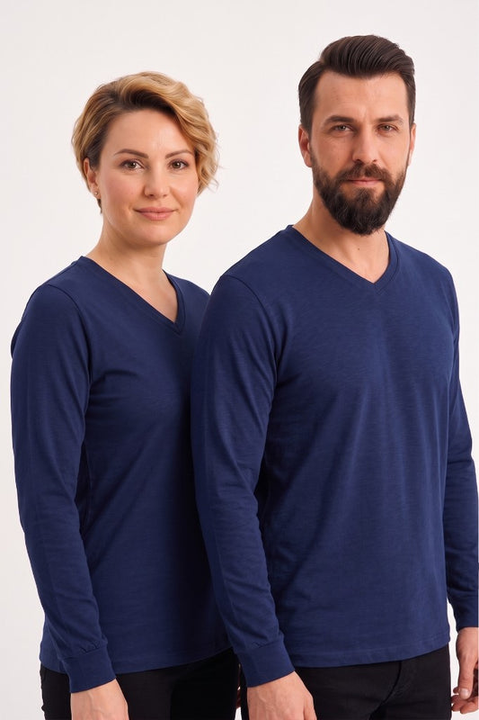 Lacivert %100 Pamuk Penye V Yaka Sweatshirt Uzun Kol