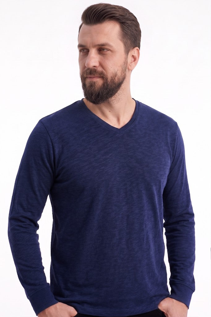 Lacivert %100 Pamuk Penye V Yaka Sweatshirt Uzun Kol