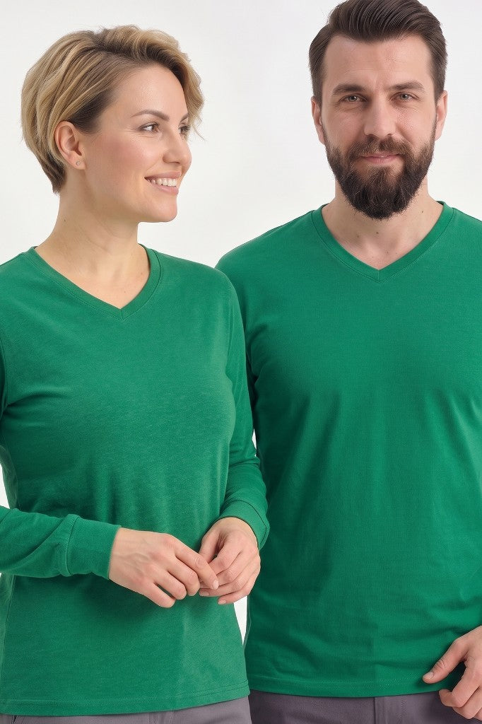 Brezilya Yeşili %100 Pamuk Penye V Yaka Sweatshirt Uzun Kol
