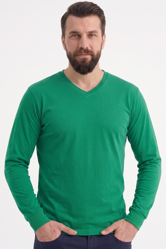 Brezilya Yeşili %100 Pamuk Penye V Yaka Sweatshirt Uzun Kol