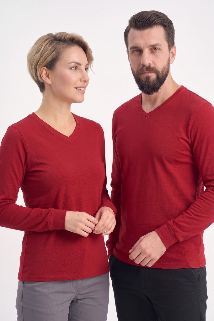 Kırmızı %100 Pamuk Penye V Yaka Sweatshirt Uzun Kol