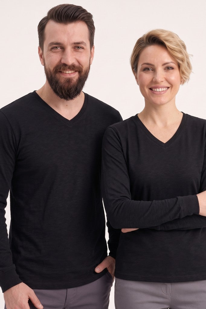 Siyah %100 Pamuk Penye V Yaka Sweatshirt Uzun Kol