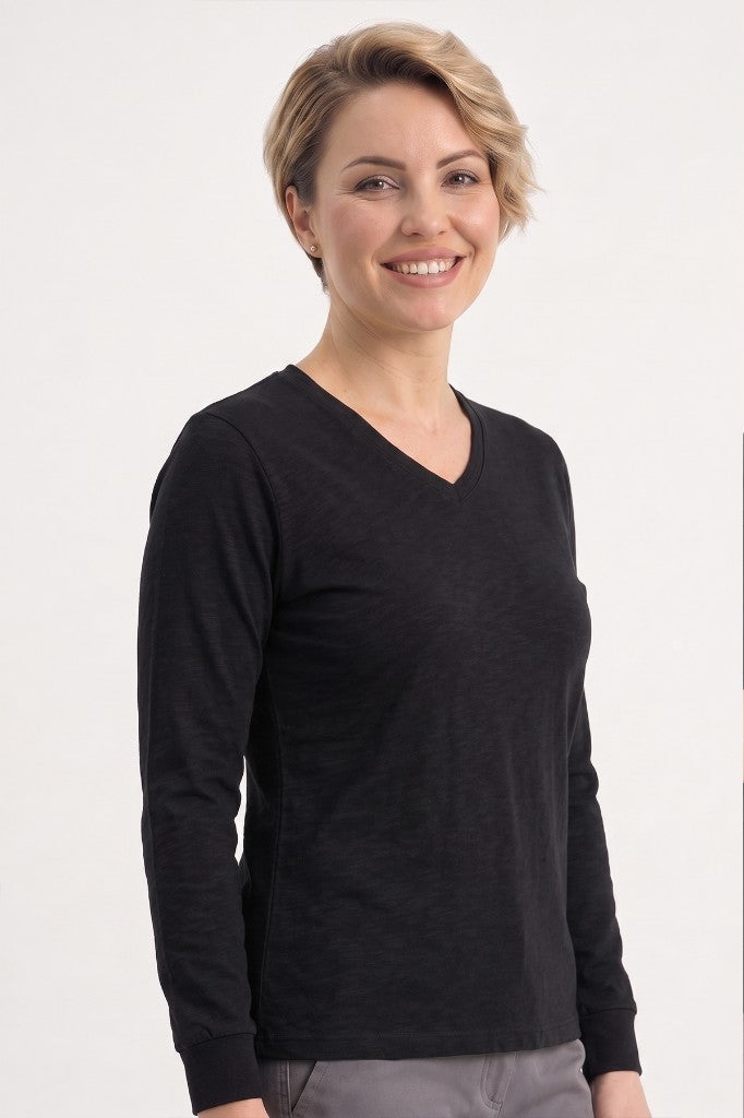 Siyah %100 Pamuk Penye V Yaka Sweatshirt Uzun Kol