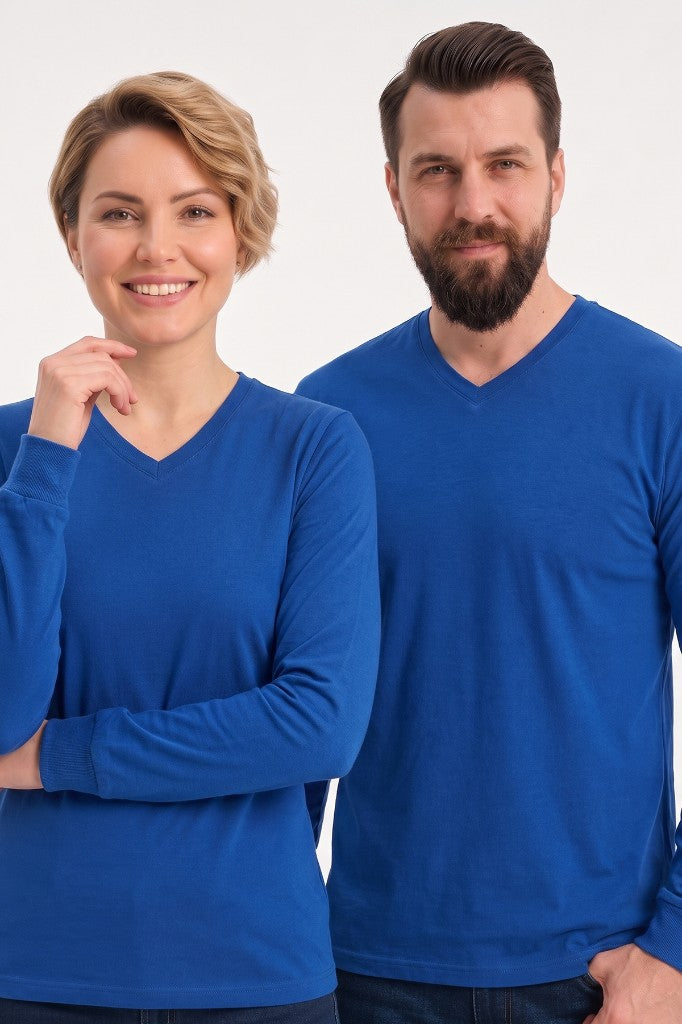 Saks Mavisi %100 Pamuk Penye V Yaka Sweatshirt Uzun Kol