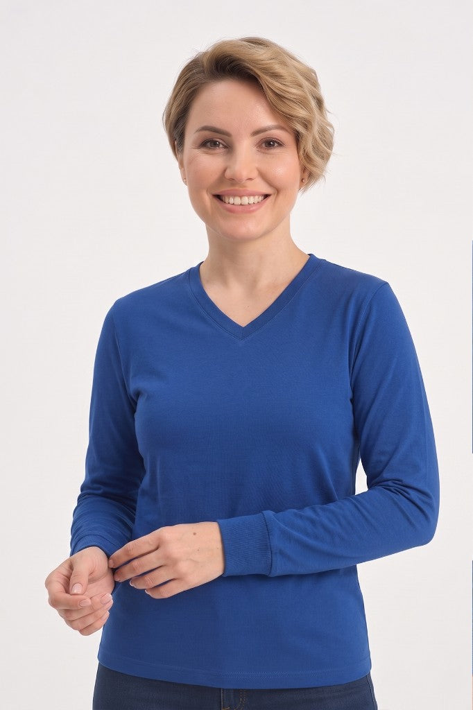 Saks Mavisi %100 Pamuk Penye V Yaka Sweatshirt Uzun Kol