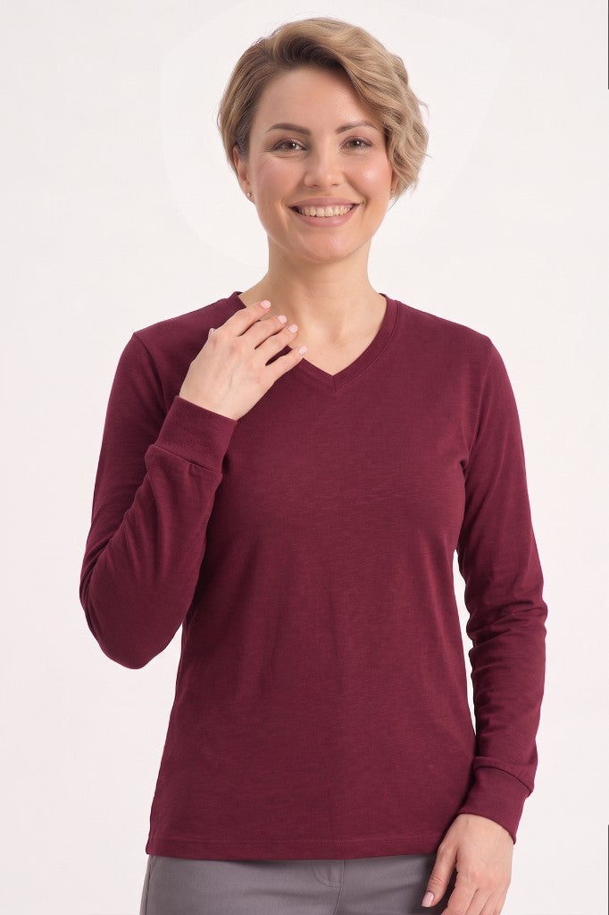 Bordo %100 Pamuk Penye V Yaka Sweatshirt Uzun Kol