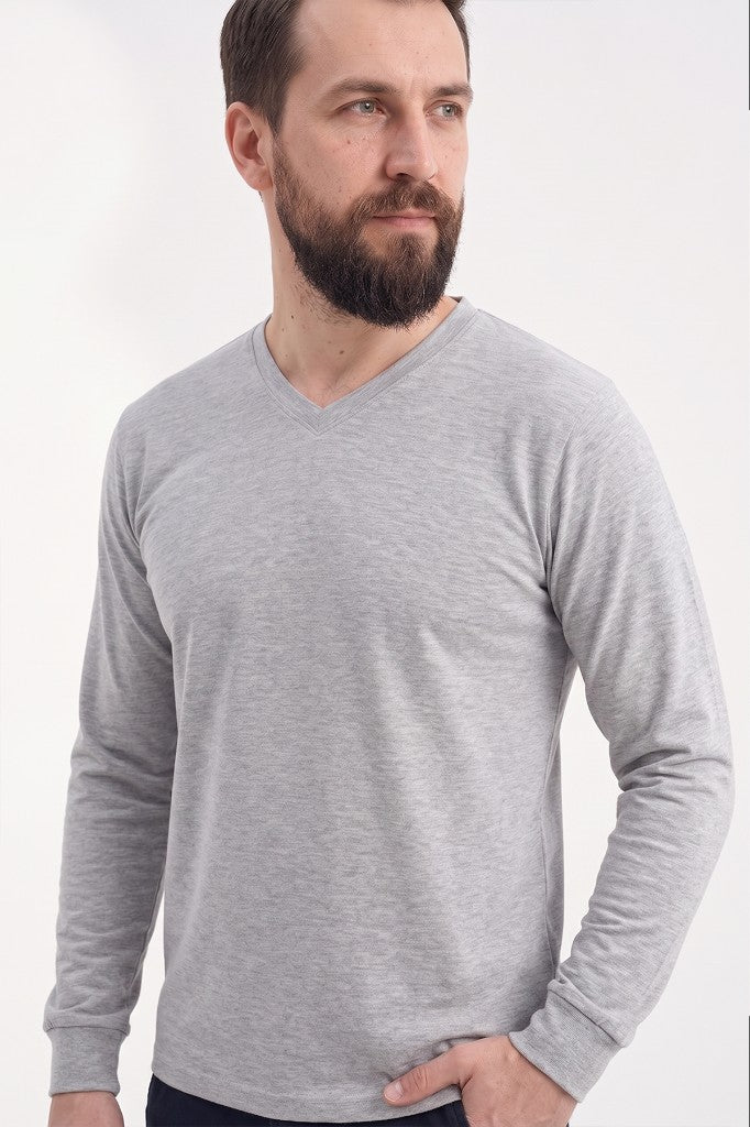 Gri Melanj %100 Pamuk Penye V Yaka Sweatshirt Uzun Kol
