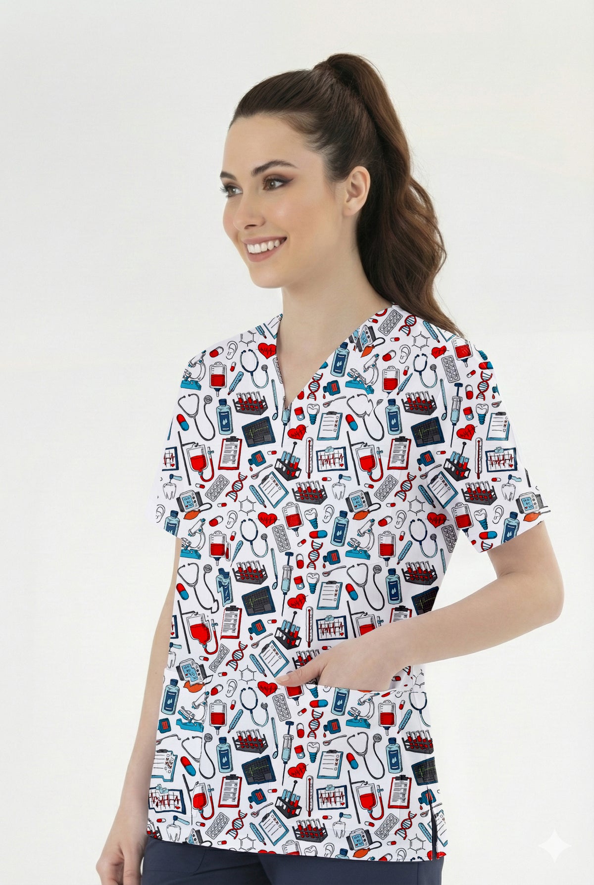 Medikal Desenli Tek Üst (Cotton Likra Kumaş)